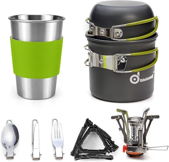 Odoland Camping Cookware Stove Carabiner Canister Stand Tripod and Stainless Steel Cup